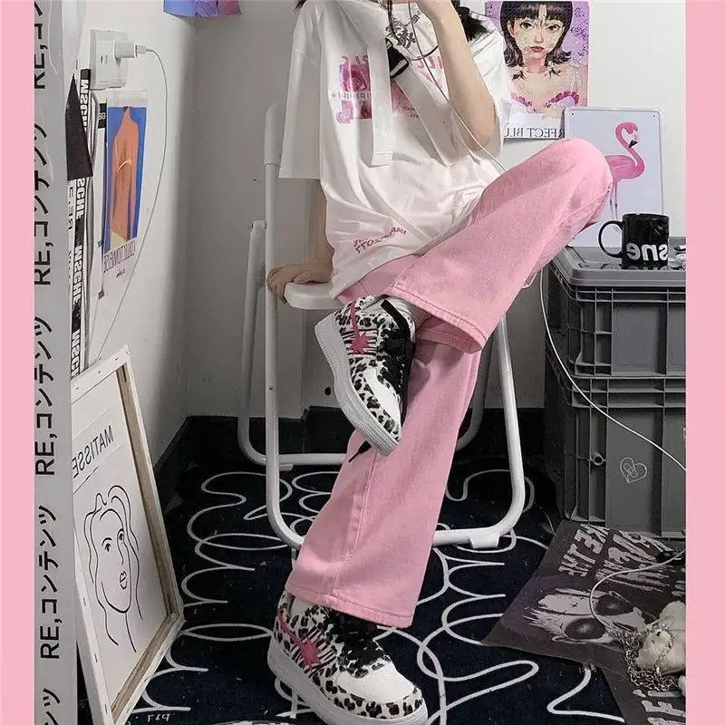 Baggy Pink Jeans wide leg pants women Kawaii Korean heart chain  Low Rise Denim Pants Streetwear Loose Trousers