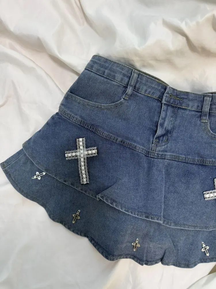 Y2K Subculture Washed High Waist Denim Mini Skirt Women Cross Patchwork Irregular Plaid Ruffle Hem Slim Fit Bodycon Sexy Party