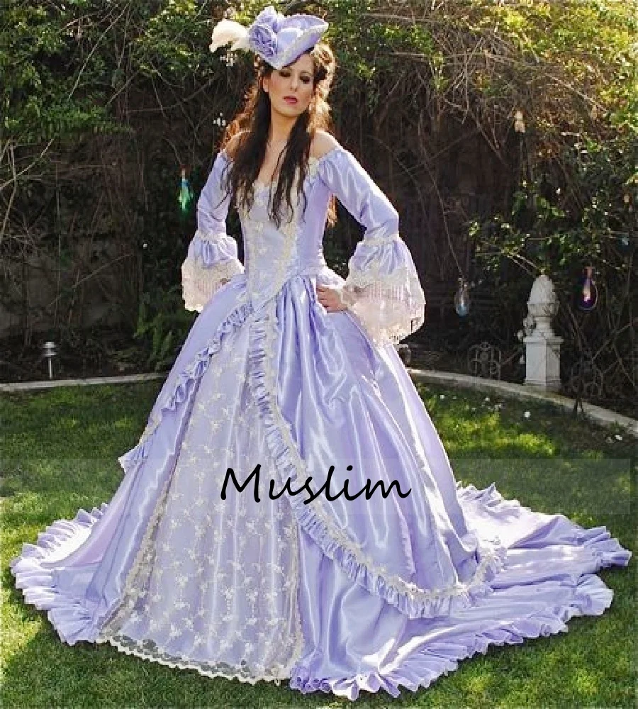 

French Court Marie Antoinette Lilac Evening Dress With Lace Long Sleeve Corset Satin Renaissance 1540s Prom Dress Customized