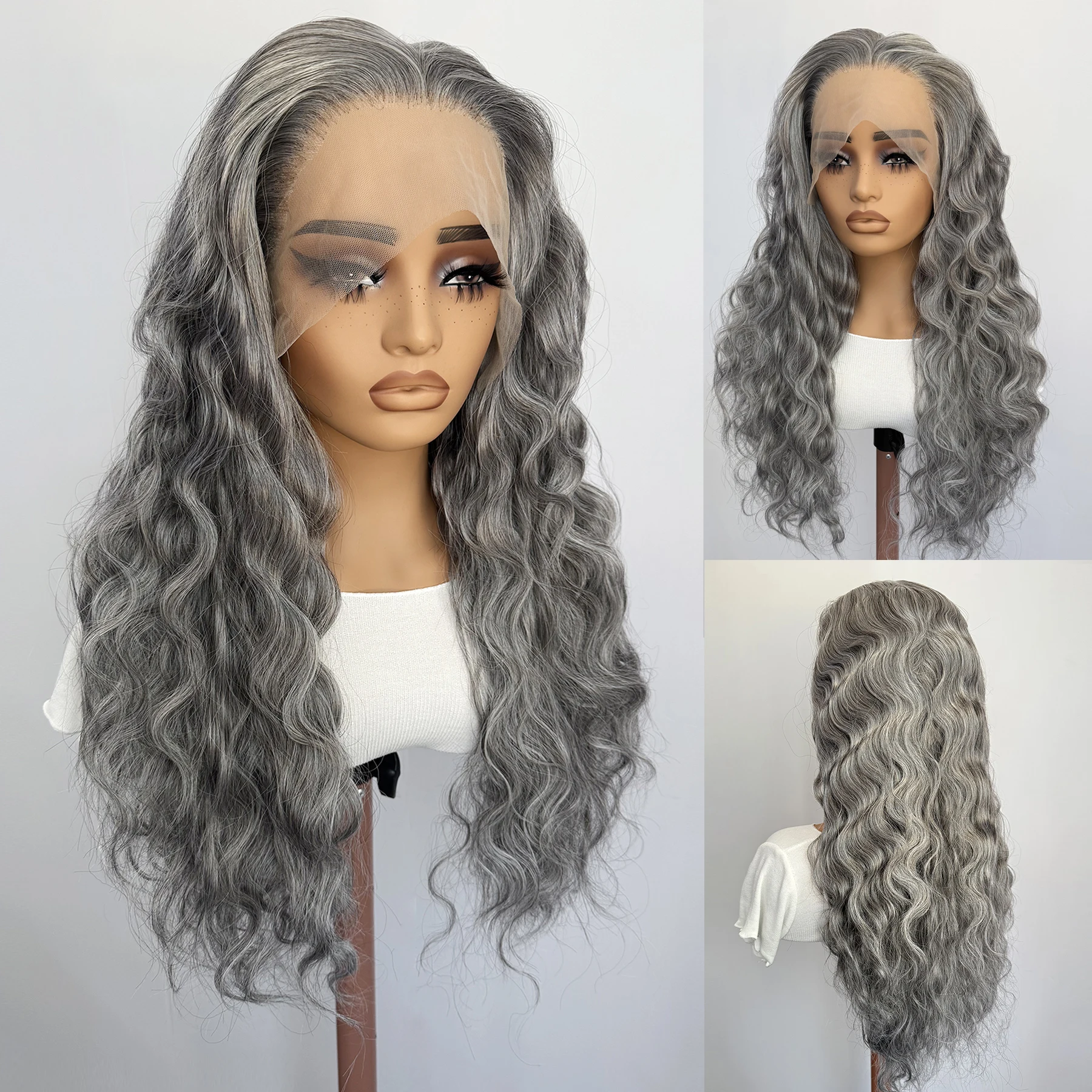 Salt and Pepper Wig for Women 13x4 Lace Front Synthetic Hair Wigs Mixed White and Gray Color Natural Hairline Daily Wear Cosplay