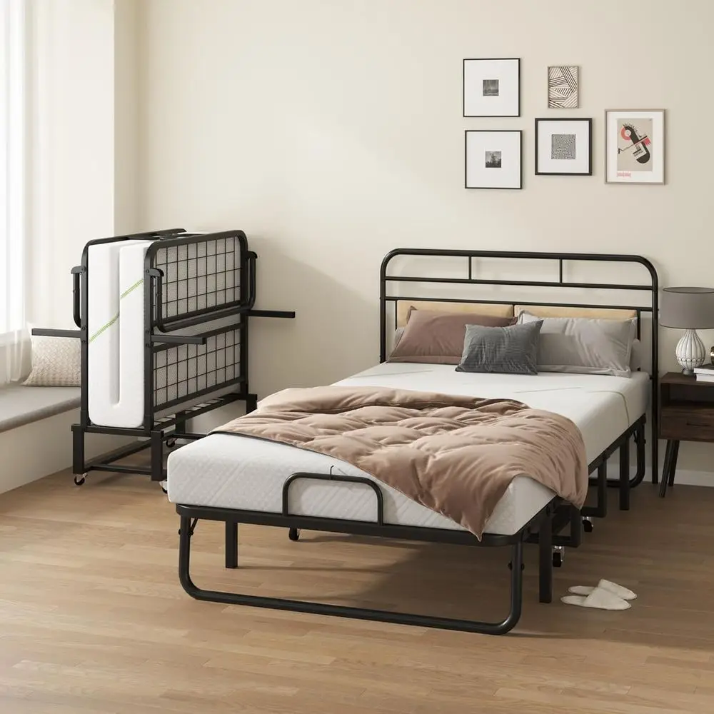 

Portable Twin Size Rollaway Bed with 5 Memory Foam Mattress, Metal Frame, Wheels for Easy Storage