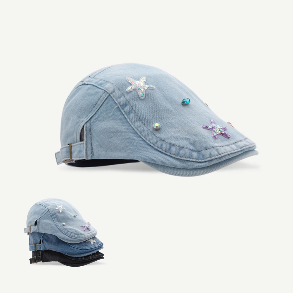estrela-do-mar-feminino-strass-decorativo-denim-para-a-frente-chapeu-primavera-verao-doce-guarda-sol-casual-aba-curta-plana-superior-bone-de-pico
