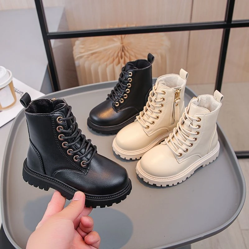 

2026 Fall Winter Kids Fashion Boots Korean British Style Side Zipper Warm Fleece Lining Ankle Boots for Big Children