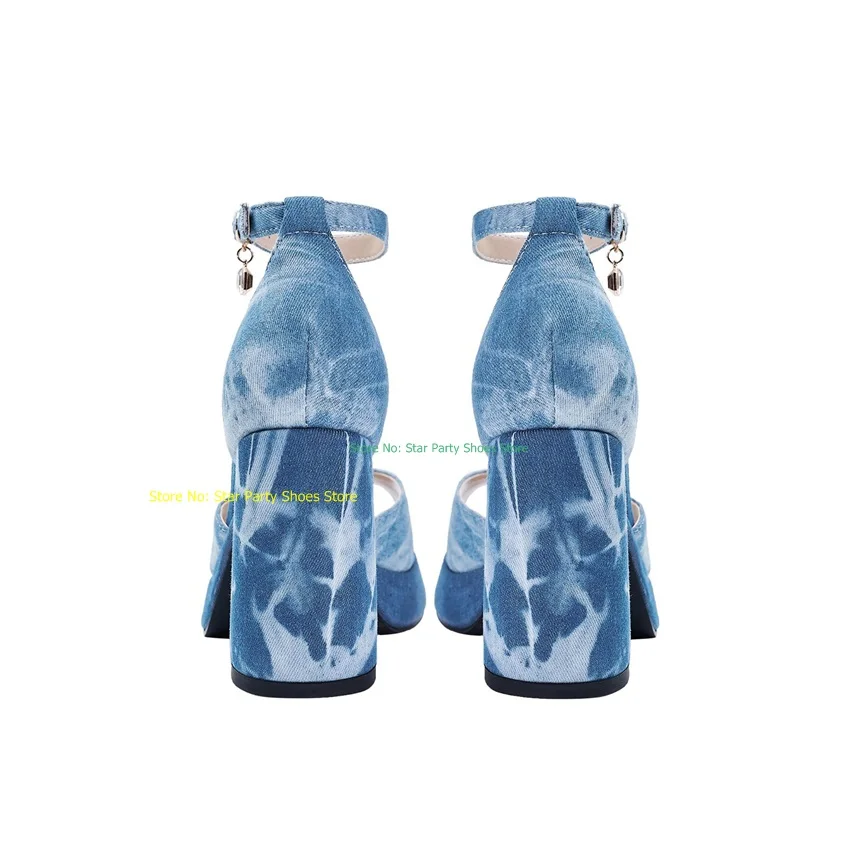 Attractive Woman Print Denim Square High Heel Sandals Round Toe Platform Buckle Ankle Strap Lady Peep Toe Summer Sandal Shoes