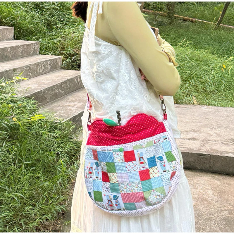 Patchwork-Stoff-Umhängetasche, Apfelförmige Handtasche mit Blumen- und Punktmuster für Damen, Mädchen, Studenten, Cottagecore, süße Handtasche – Detail 29