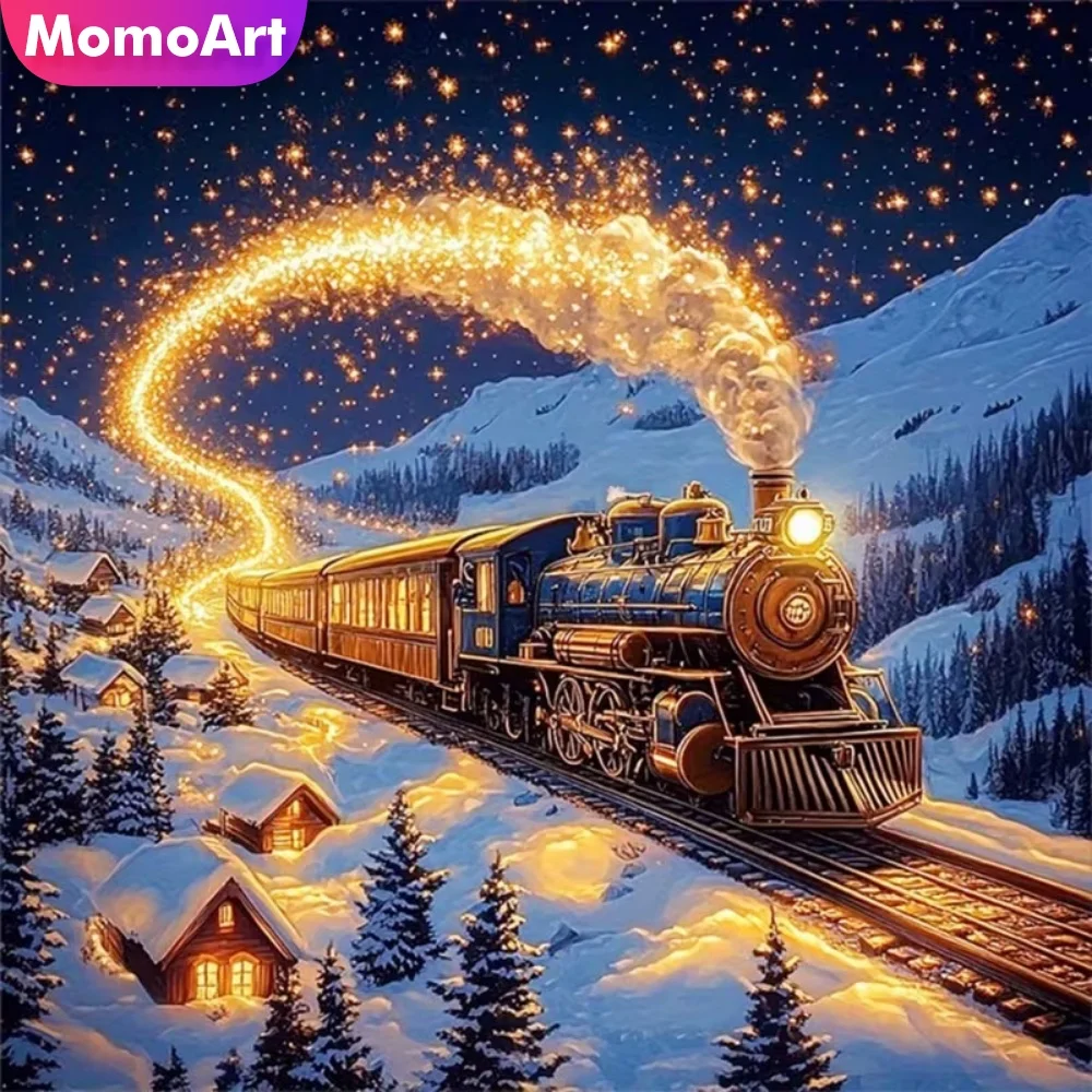 

Momoart 5D DIY Diamond Mosaic Train Landscape Acrylic Craft Supplies Diamond Painting Winter Full Square Round Holiday Gifts
