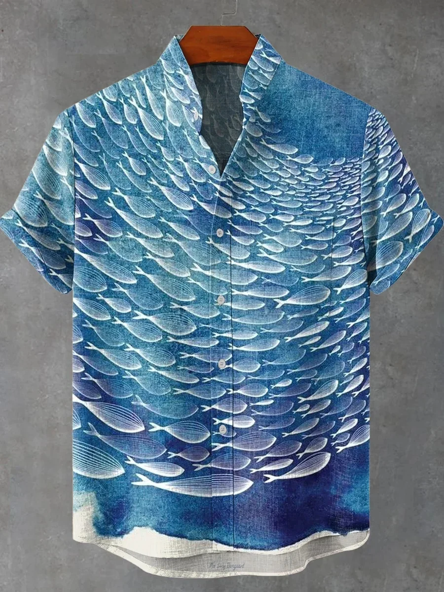 New men's summer 2025 retro fish pattern art shirt, casual linen short-sleeved, comfortable shirt for fishing enthusiasts - Image 4