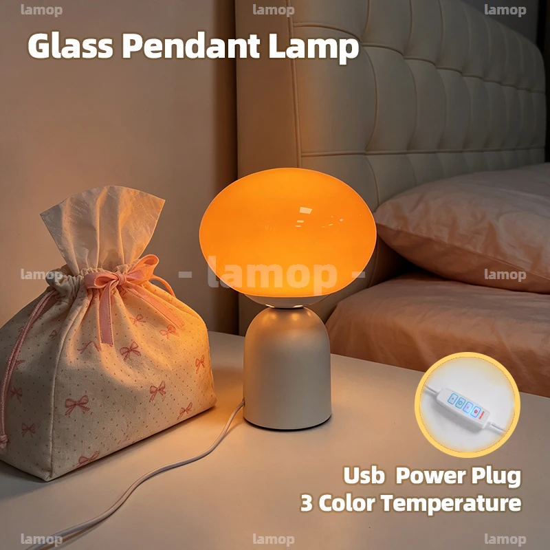 Glass Mellow‑Aura Broad‑Oval Bell‑Shaped Base Table Lamp Vintage‑Literary Casual 3 Tone Gentle Glow Study Desk Shelf Decor