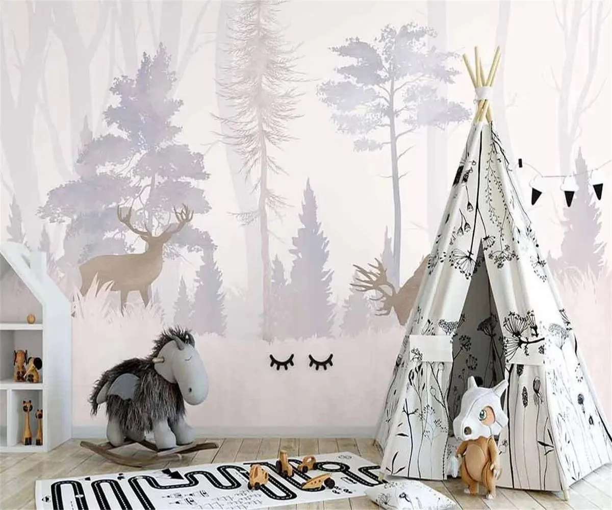 Custom Photo Wallpaper Nordic hand painted forest elk children's room interior art background wallpapers home decor papel tapiz