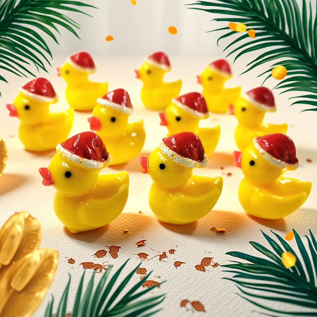 10pcs Whimsical Christmas Duck Home Desktop Decorations, Handcrafted Exquisite Miniature Rubber Ducks with Santa Hats