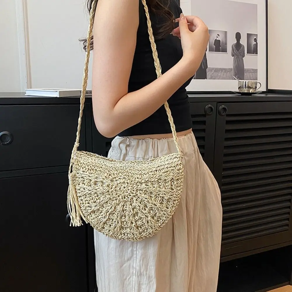 

New Half-round Straw Weave Bag Boho Hollow Woven Shoulder Bag Handmade Tassel Women's Crossbody Bag Vacation