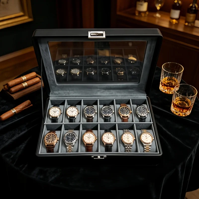 

Men's Watch Organizer 12 Slot Lockable, 7Pcs Leather Watch Box + 6 Automatic Storage Bags