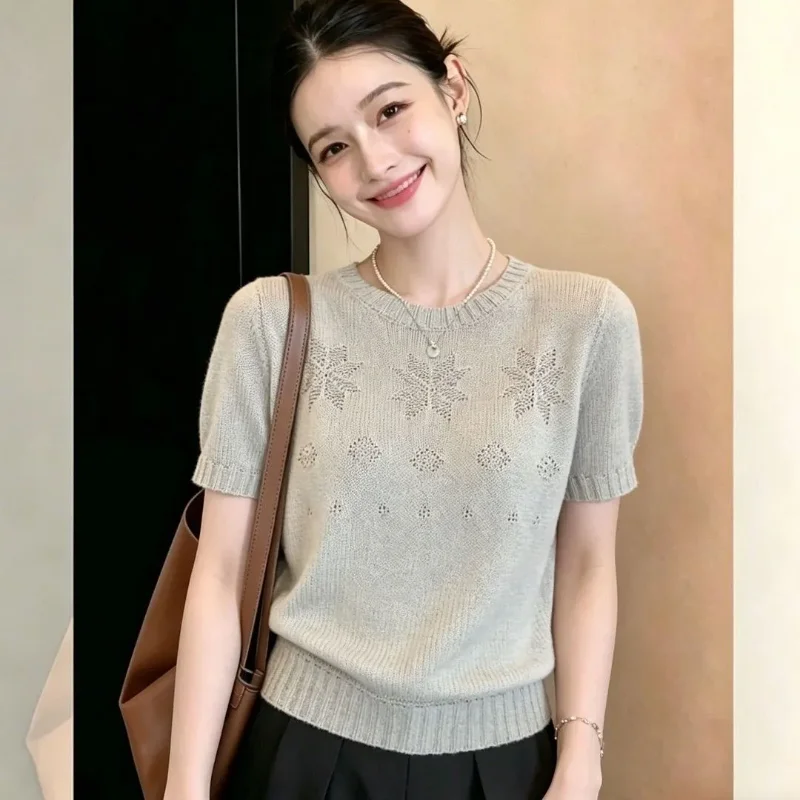 Women's Old Money Jacquard Short Sleeve Knit Top Korean Style Breathable Short Knit Sweater