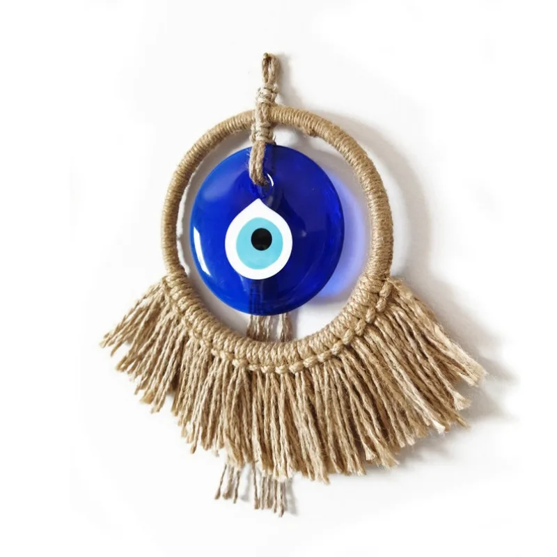 Handmade Turkish Blue Eye Hanging Decoration Woven Round Hoop Evil Eye Pendant European and American Style Blue Glass Ornament