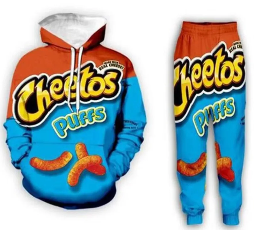 

Брюки + толстовки Cheetos Puffs, толстовка с 3D принтом, мужские толстовки, спортивный костюм из двух предметов, мужская одежда