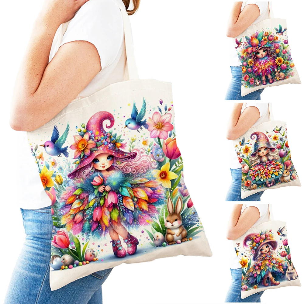 

Cartoon Leaf Feather Bird Girl Shopping Bag Double Print Casual Women Shopper Bags Lady Tote Shoulder Children Flower Handbag