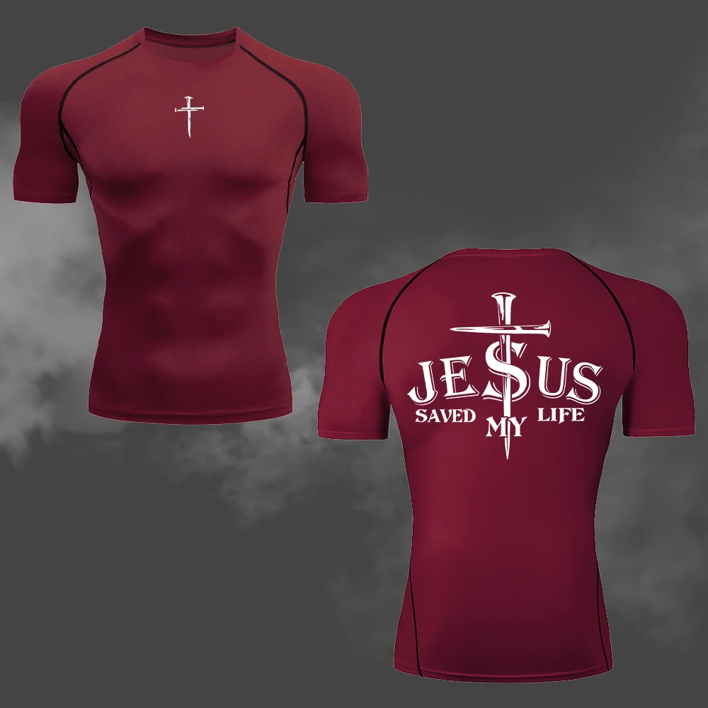Herren-Kompressions-T-Shirt mit Jesus-Kreuz-Doppeldruck, schnell trocknend und atmungsaktiv, kurzärmelig, für Fitness, Gym, Laufen, Training – Detail 8