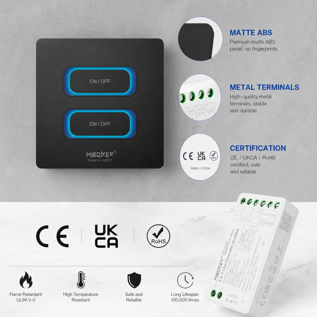 MiBoxer FUT035S+ ESR2T K4 PUSH3 DC12-24V 1-4GANG 2.4GHzRF 2in1 Dual White Single Colour Smart LED Strip Light Dimmer Controller
