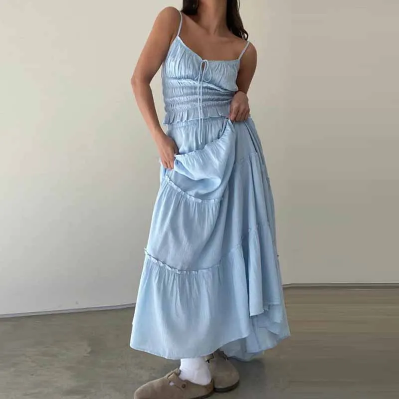 Vintage Tie-Up Front Frill Trim Ruched Crop Camis Tops + Ruffles A-line Maxi Skirts Fairycore Cottage 2 Piece Set Outfits Women