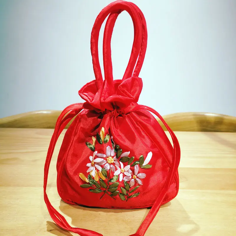 

Neo-Chinese Style Red Silk Embroidery Drawstring Bags Traditional Flower Chic Cloth Bags Cheongsam Oriental Clothes Accessories