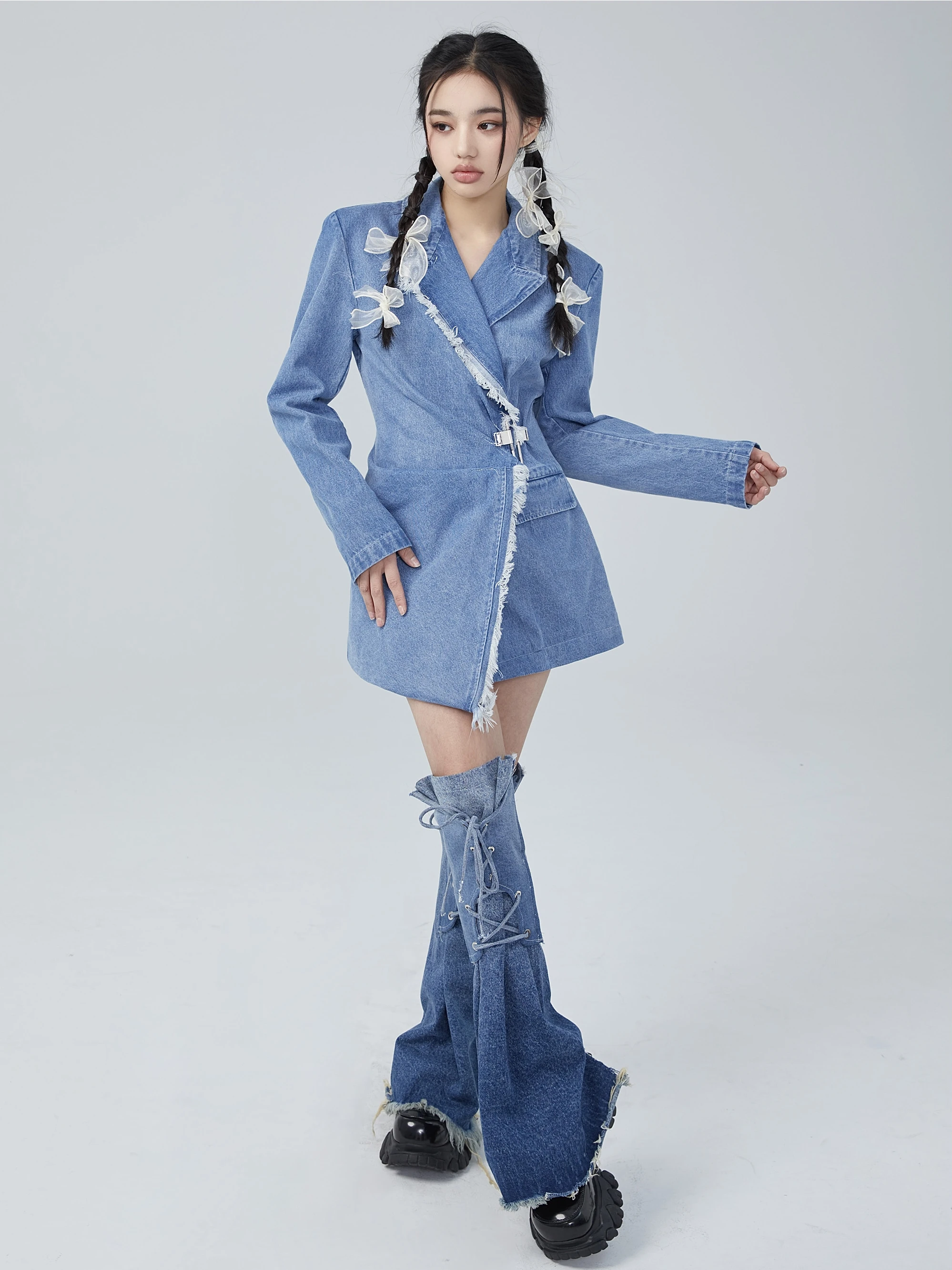 REDDACHiC Lace Up Gradient Blue Women Leg Warmers Denim Boots Cover Y2k Grayu Japanese Girl Leg Gaiters Flared Knee Long Socks image 5