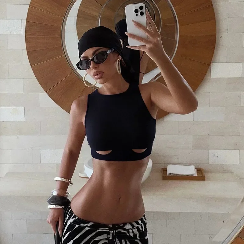 

Sexy Hollow out round Neck Vest Top Women's Summer New Pure Color Cross-Border T-shirt V-neck Sleeveless Female Clothing