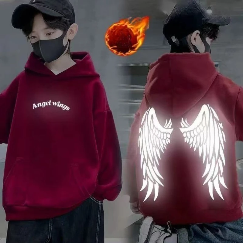 Sudadera con capucha para niños, estampado de alas de Ángel reflectantes, forro polar, jersey juvenil cálido de invierno, ropa deportiva informal para exteriores, Top para adolescentes