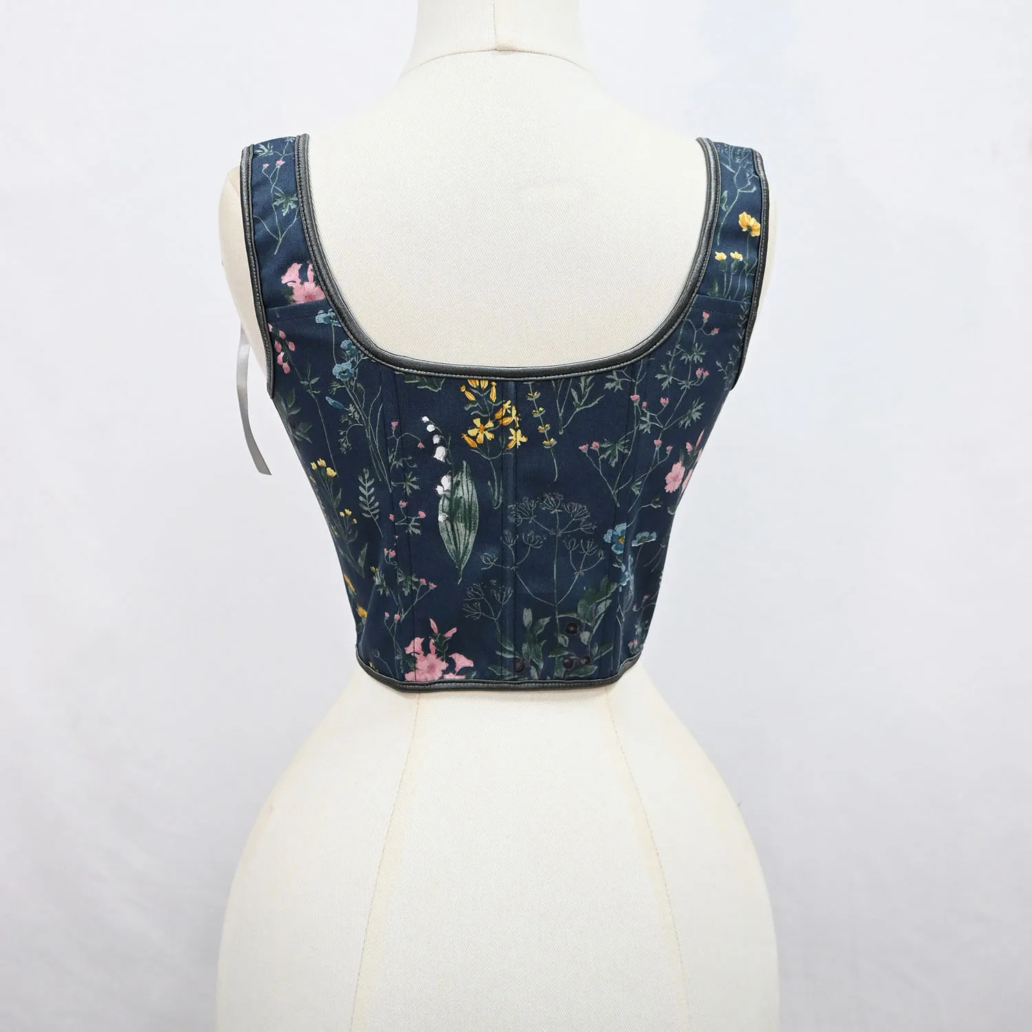 Dark Blue Floral Vintage Corset Top French Pastoral Style Front-Laced Waist-Cinching Shaping Top for Women