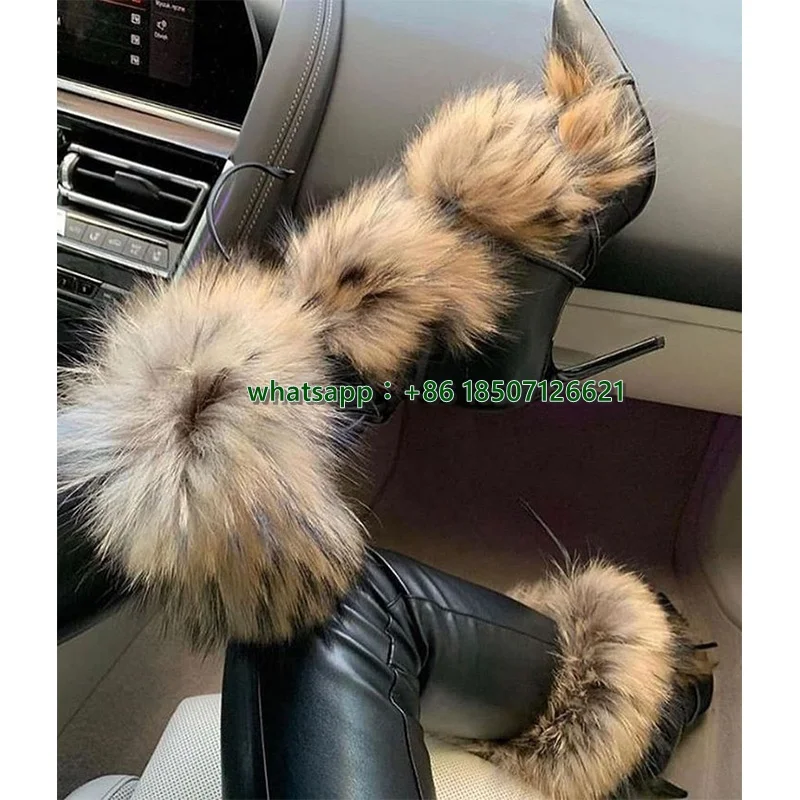 Black Cross Strap Fur Stitching Calf Boots Pointed Leather Stiletto Mid-Calf Boots Women's Boots