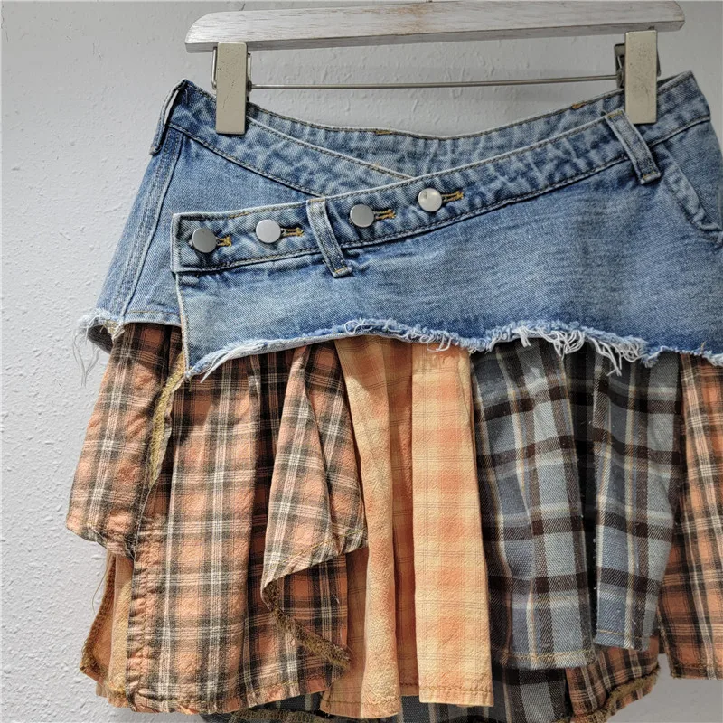 Women Plaid Denim Patchwork Streetwear Irregular A-line Mini Skirt 2025 Summer Street Female Classic Jeans Cargo Skirts