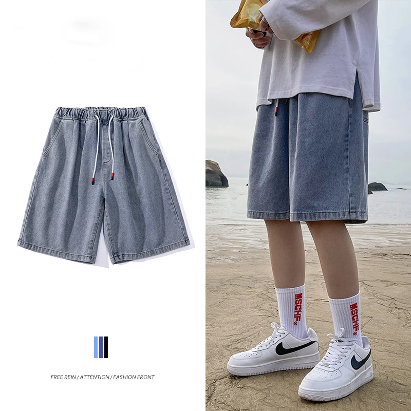 Denim Shorts Male Harajuku Fashion Baggy Retro Knee-length Pants Male Street Hip-hop Straight Casual Jeans Shorts