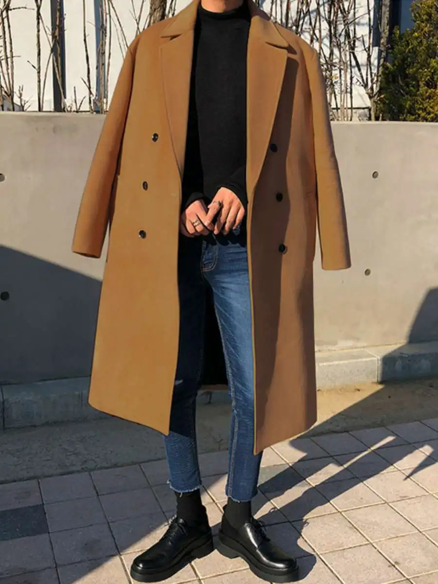 

Korean Sle Thiened Winter Double-breasted Men's Woolen Coat Long Length Classic Collar Trench Coat Faionable Jaet