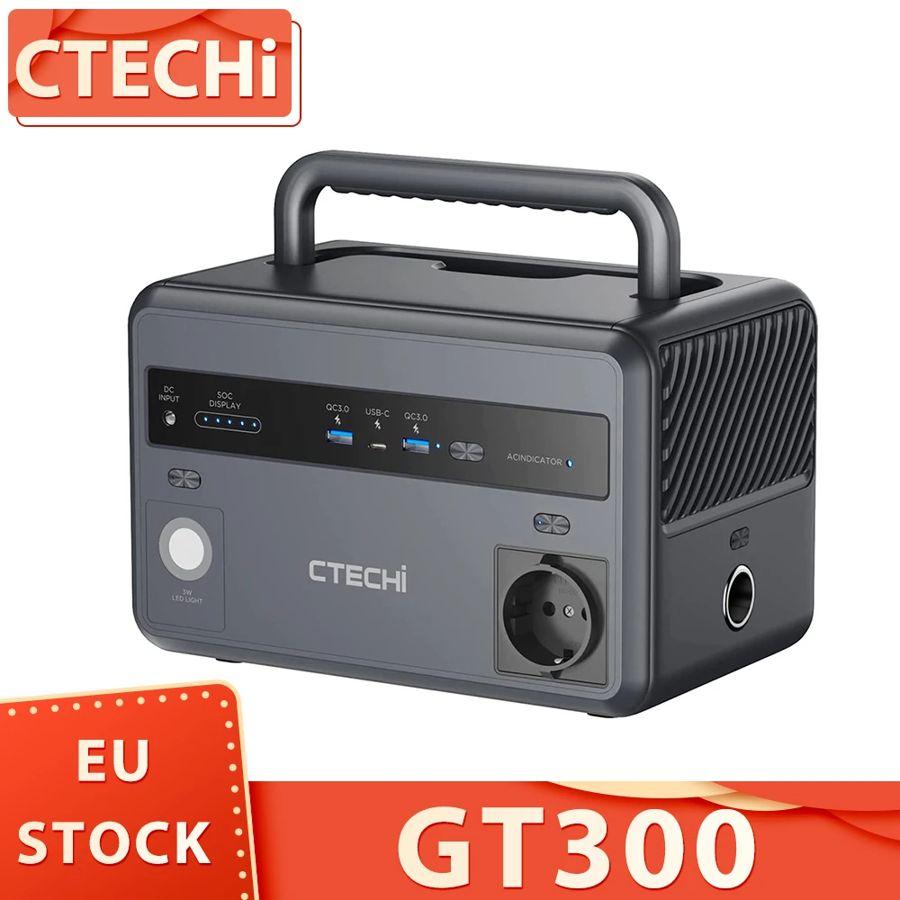 CTECHi GT300 300W Portable Power Station 299Wh LiFePO4 Battery Solar Generators 5 Outputs Built-in MPPT Regulator 230 V AC/DC