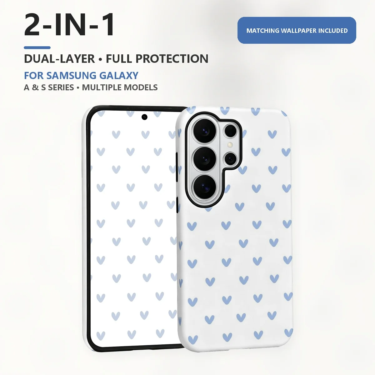 Blue Heart Pattern 2-in-1 Dual-Layer Phone Case for Samsung Galaxy S26 S25 S24 S23 S22 S21 Plus Ultra FE S20 FE A56 A17 A16 A15