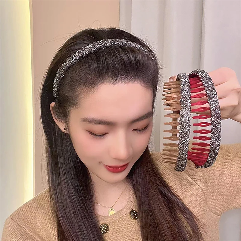 

Non-slip Rhinestone Hair Hoops Bands Toothed Elastic Headbands Vintage Velvet Glitter Hair Bands Face Wash Headband