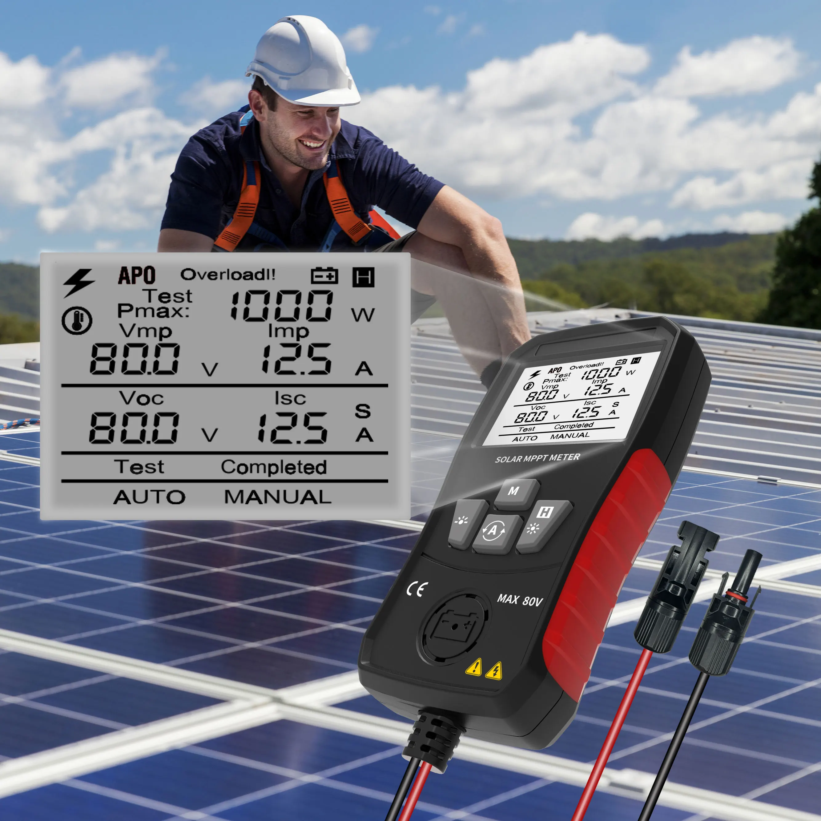 

Solar MPPT tester, photovoltaic panel detects open circuit voltage 80V, short circuit current 35A and power 1000W.