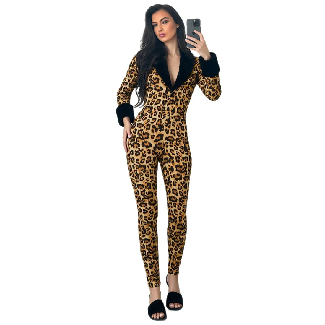 

2025 Winter New Fashionable and Unique Street Style Sexy V-Neck Fur Collar Patchwork Jumpsuit