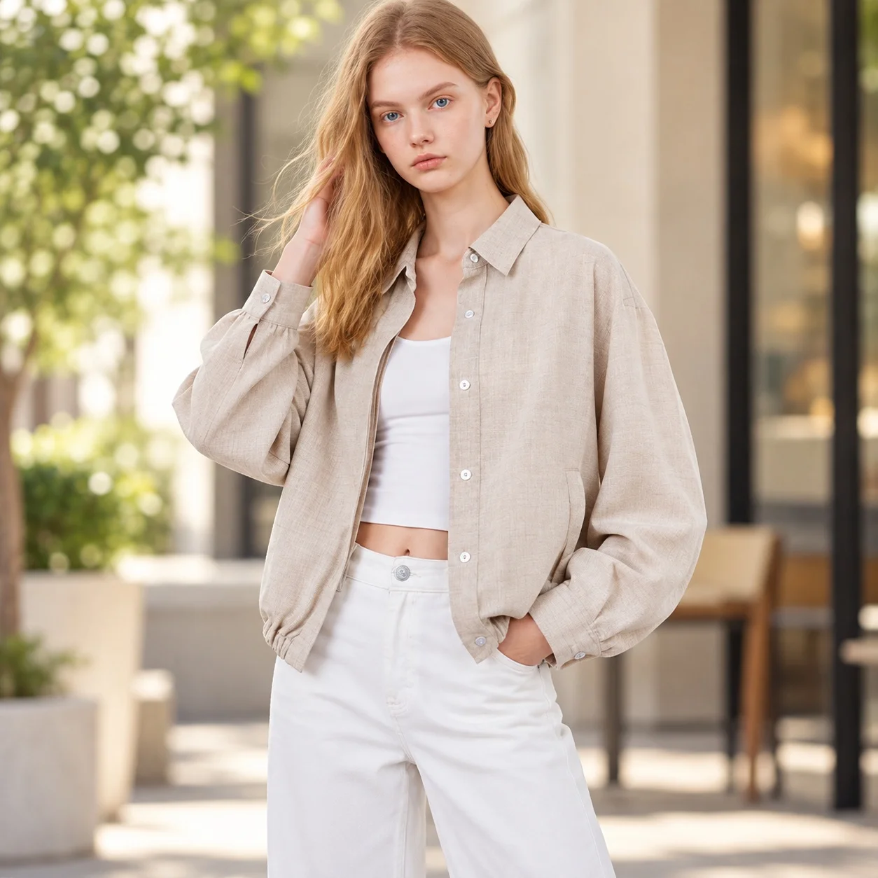 Long Sleeve Turn Down Collar Coat Loose Fit Elegant Professional Women Jacket with Regular Thickness Shirt Sleeve Pocket