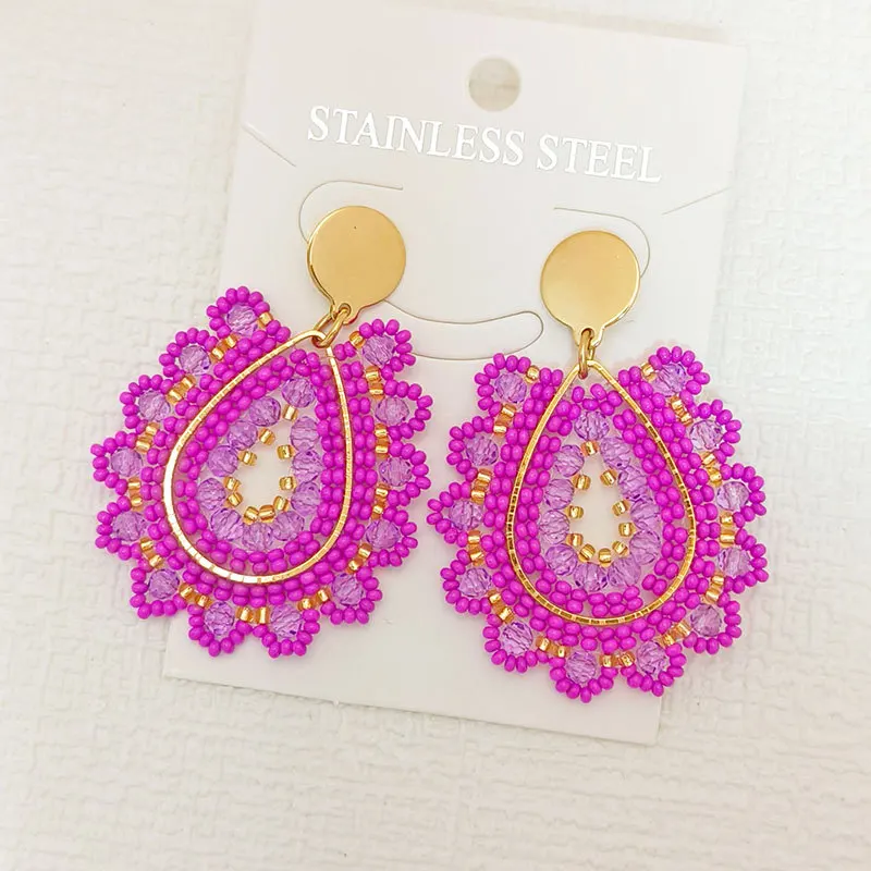 

Beaded earrings Water drop Originality Crystal Purple Graph Hand knitting Bohemia Alloy Tide Simple Rice bead earrings