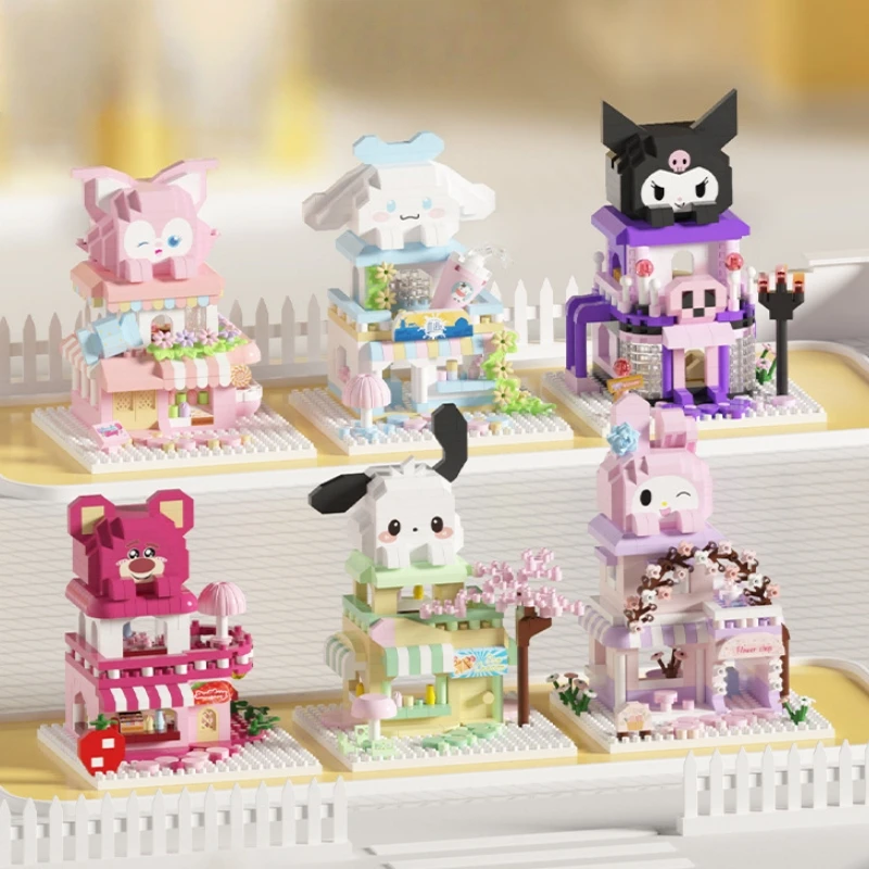 

Sanrio Building Block Street View Kuromi Hello Kitty Cartoon Pochacco Splicing Educational Toy Model Ornaments Collection Gifts