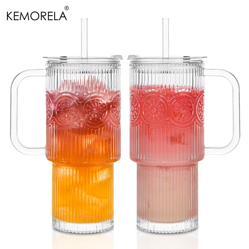 750 ml Sonnenblumen-Glasbecher mit Griffdeckel, 1/2 Stück, große Eiskaffeetassen mit Strohhalmen, moderner Glasbecher für kalte, heiße Getränke