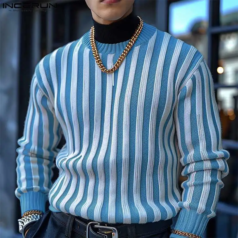 INCERUN 2024 Year Autumn Winter New Men Long Sleeve Tops Round Neck Striped Pullover Fashion Streetwear Striped Sweaters