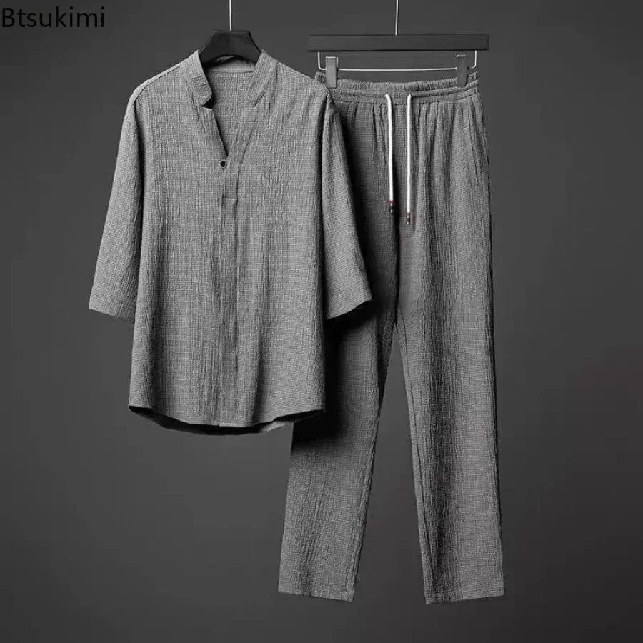 2025 Men's Two Piece Pant Sets Spring Summer Short Sleeve Shirt And Pants Outfits For Men Solid Cotton Linen Clothing Sets Male