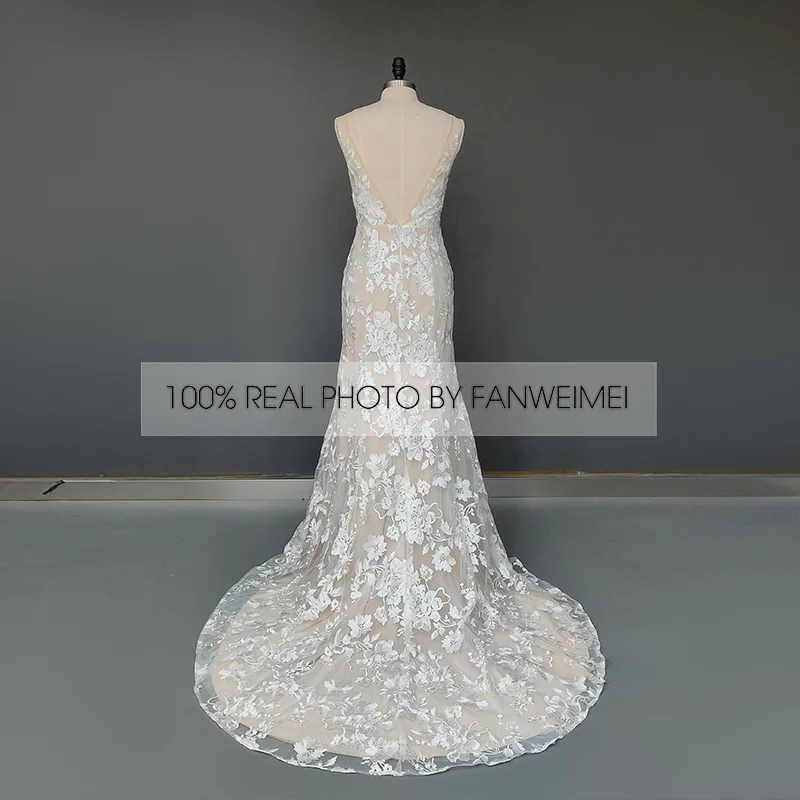 Real Photo V-hals Backless Champagne Kant Bohemian Bridal Bruiloft Trouwjurk Bruidsjurk Goedkope Fabriek Prijs