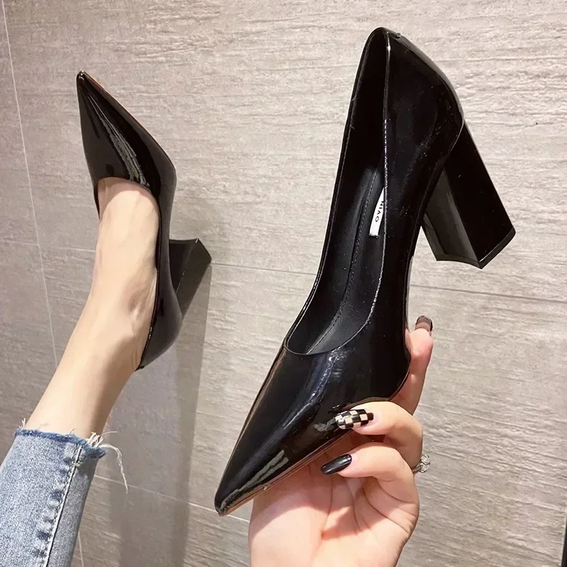 2024Women\'s Trend Pointec Toe High Heeled Shoes Solid Color Sexy Dress Wedding Shoes Luxury Brands Patent Leather Ladies Shoes