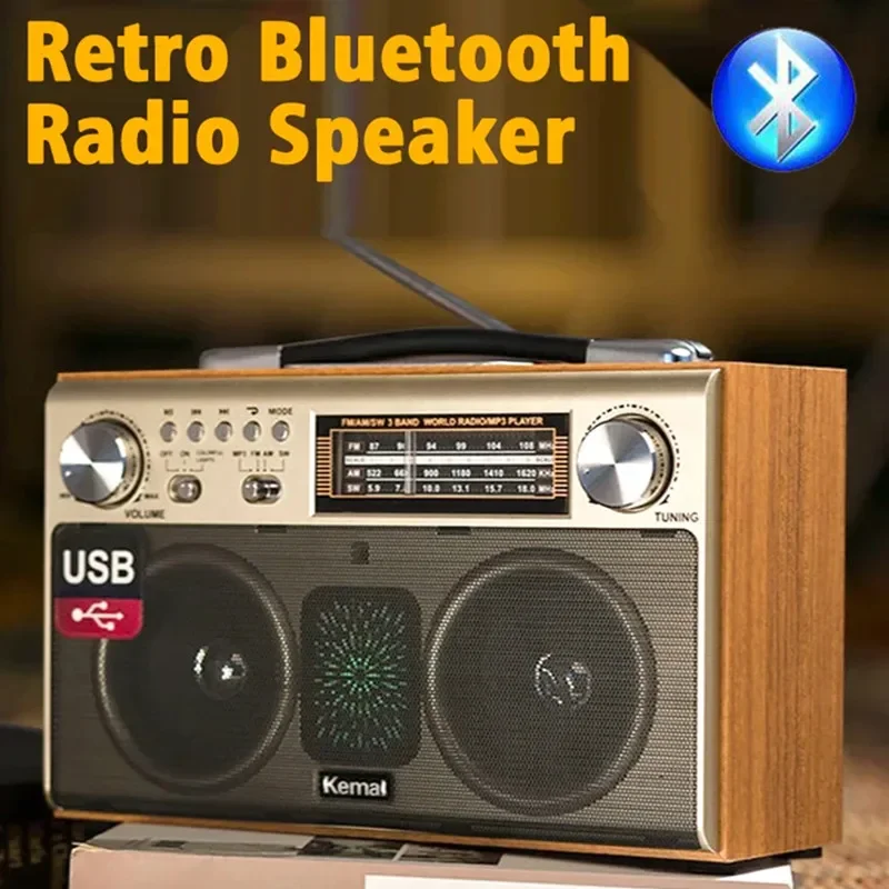 Imagem -02 - Alto-falante Bluetooth sem Fio de Madeira Retro Casa Portátil Rádio fm Tri-band Subwoofer Telefone Móvel Cartão tf Usb Alta Qualidade