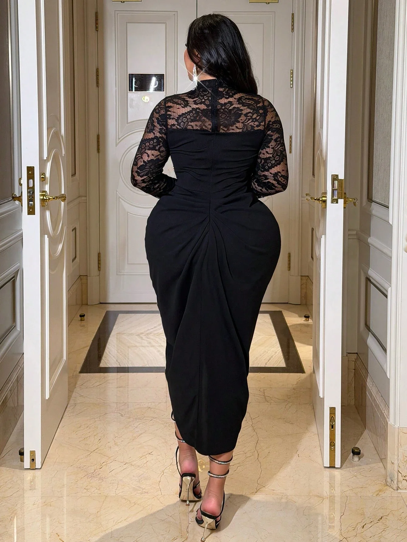 

Plus Size Lace Patchwork Stand Collar Long Sleeve Bodycon Party Dress With Slit