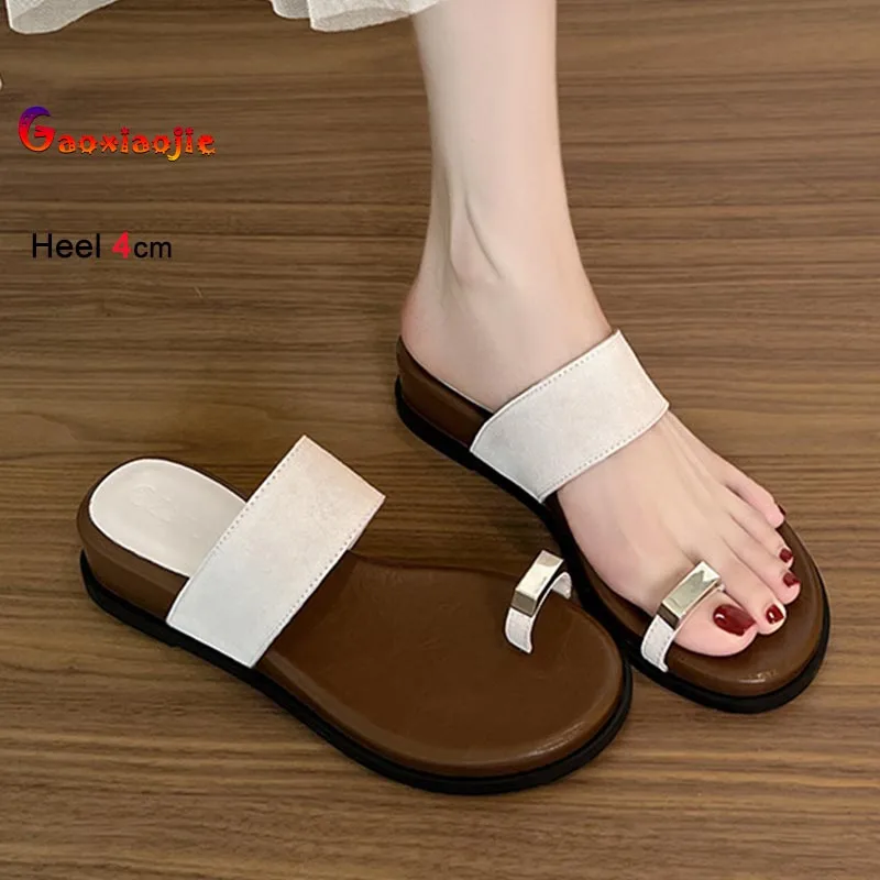 

Women's 4cm Low Wedge Heel Slide Sandals Toe Ring Metal Decor Slip On Casual Summer Beach Daily Wear Lady Open Toe Flat Sandals
