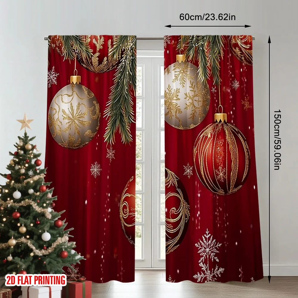 2pcs 2D flat printing Merry Christmas Party Curtains Red and Gold Orbs Polyester Without Electricity Party & Holiday Decor Use