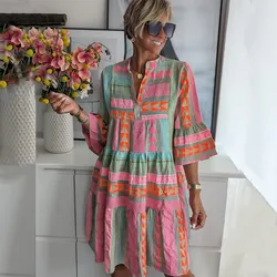 Women Sexy V Neck Ruffles Boho Mini Dress Spring Vintage Retro Print A-Line Office Casual Fall 3/4 Flare Sleeve Loose Dresses